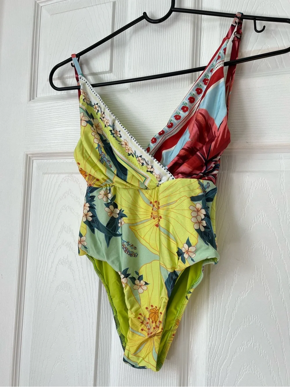 Farm Rio Yellow Floral Wrap V-Neck One Piece Swimsuit XS